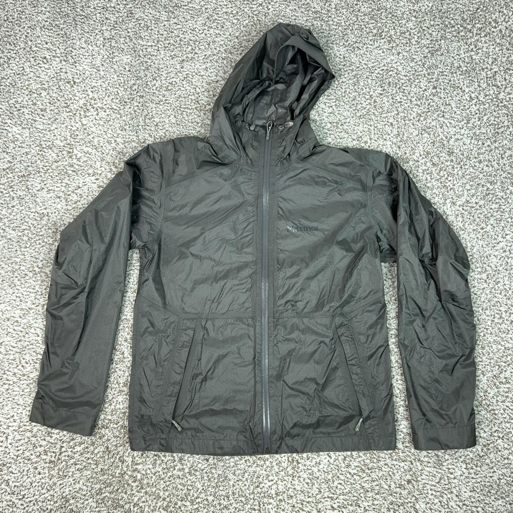 Marmot Mens Jacket Small Gray Hooded Windbreaker Hiking Lightweight Rain Coat